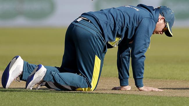 Smith checks out The Oval pitch before the final Test.