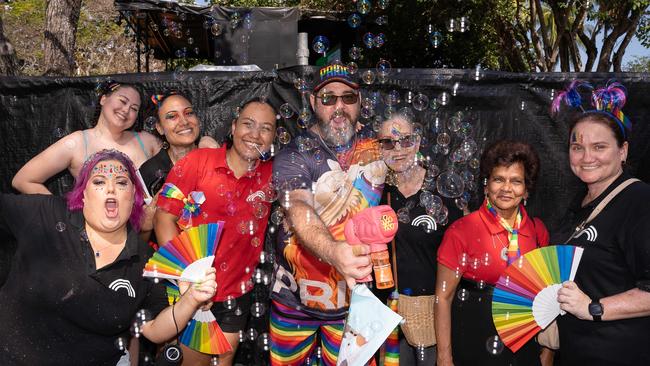 Danielle Modistach, Katherine Bond, Kayla Van Der Velde Sharna Waikato, David Hill, Anabela Mu, Pam Hayes and Dolly Collinson at the 2023 Top End Pride March. Picture: Pema Tamang Pakhrin