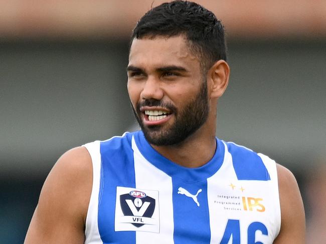 MELBOURNE, AUSTRALIA - MARCH 18: Tarryn Thomas of the Kangaroos watches on during the VFL Practice Match between North Melbourne and Williamstown at Arden Street Ground on March 18, 2023 in Melbourne, Australia. (Photo by Morgan Hancock/Getty Images)