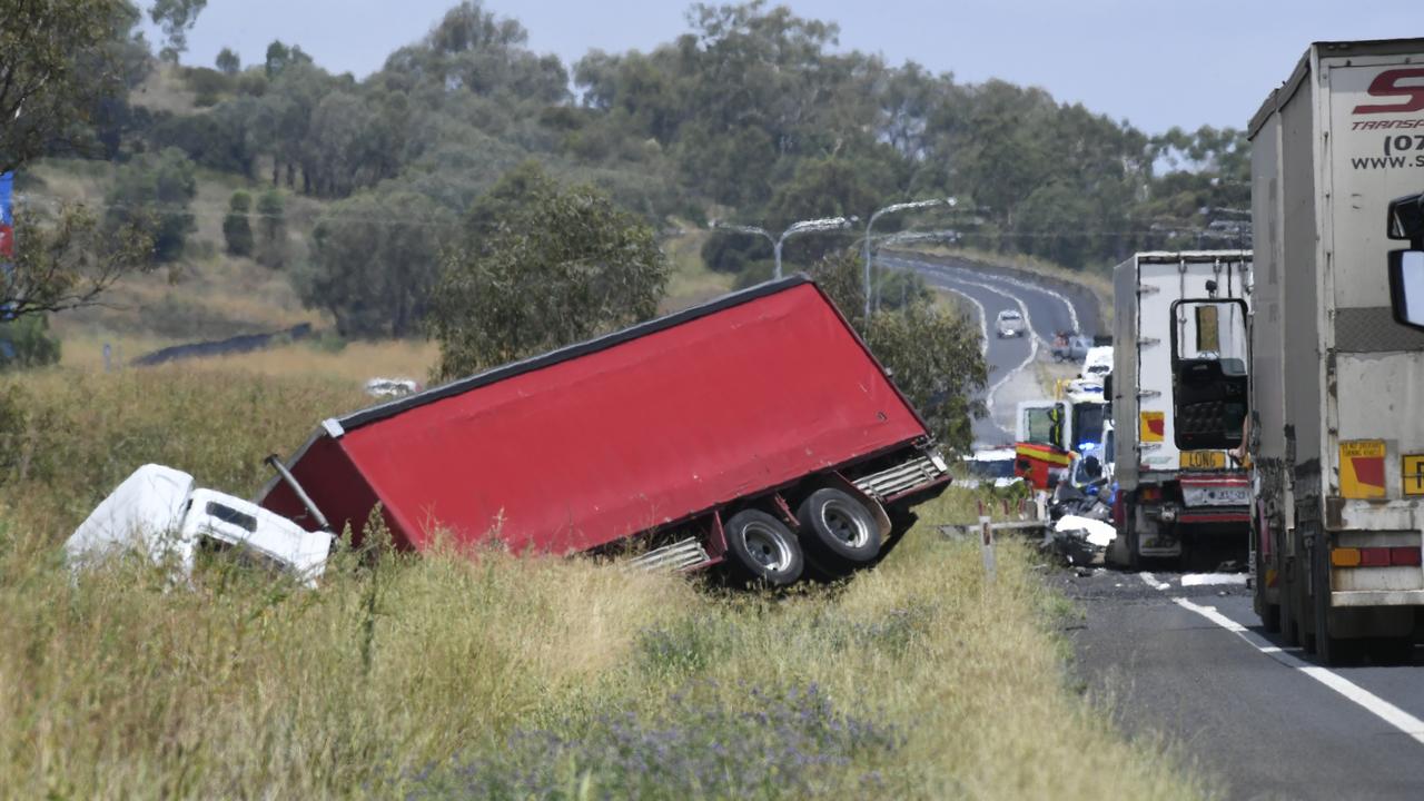 The scene of a two-vehicle crash involving a truck and a car on the Warrego Highway near the Oakey Creek bridge on January 24, 2023. Photo: Nev Madsen.