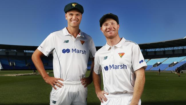 Iain Carlisle and Charlie Wakim Tasmanian Tigers players ahead of the Sheffield Shield final against Western Australia in Perth. Picture: Nikki Davis-Jones