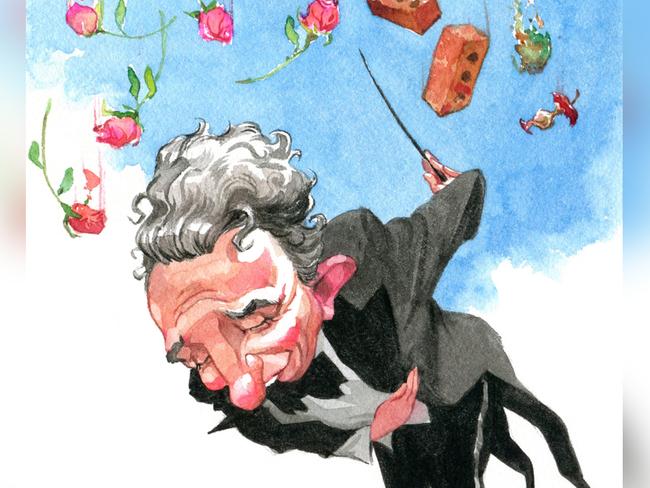 Sturt Krygsman illustration for the Business pages pon 06-08-2022 of Andy Penn (Telstra) as orchestra conductor bowing as roses and bricks  fall from above.Version: Business Cartoon  (1024x768 - Aspect ratio preserved, Canvas added)COPYRIGHT: The Australian's artists each have different copyright agreements in place regarding re-use of their work in other publications.Please seek advice from the artists themselves or the Managing Editor of The Australian regarding re-use.