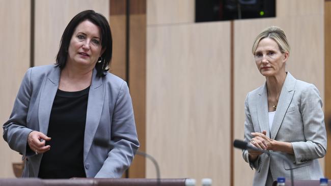 Mia Garlick, left, and Antigone Davis and appear before a joint select committee on social media at Parliament House. Picture: NewsWire / Martin Ollman