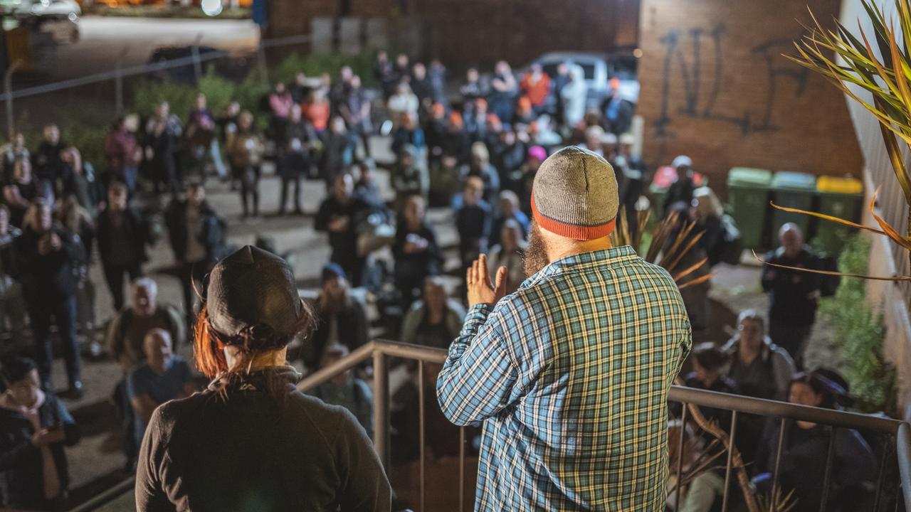 Nat Spary addresses the participants at the Base Services' 2021 Homeless for a Night sleepout. Picture by Andrew Millist