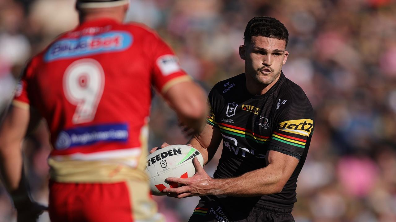 PENRITH, AUSTRALIA - JULY 21: Nathan Cleary of the Panthers runs the ball during the round 20 NRL match between Penrith Panthers and Dolphins at BlueBet Stadium on July 21, 2024 in Penrith, Australia. (Photo by Jason McCawley/Getty Images)