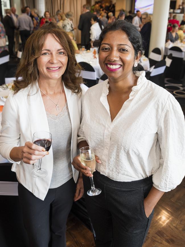 Sherry Fatica (left) and Renita Androse at the International Women's Day lunch hosted by Zonta Club of Toowoomba at Picnic Point, Friday, March 3, 2023. Picture: Kevin Farmer