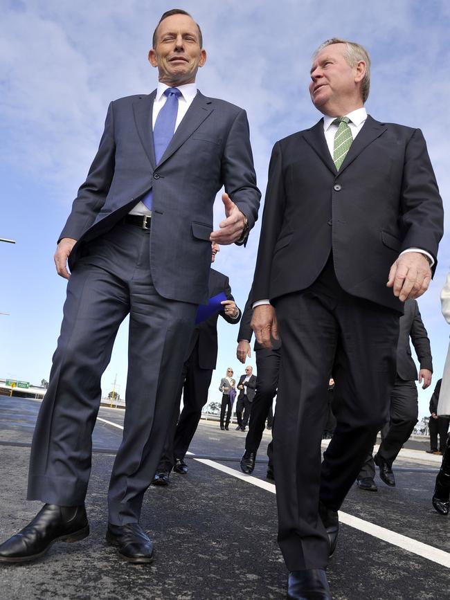 Tony Abbott and Colin Barnett near Perth airport in 2015.
