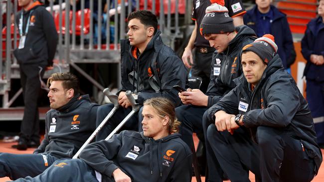 Stephen Coniglio, Harrison Himmelberg, Tim Taranto, Jacob Hopper and Brett Deledio can only watch on during a Giants game this season. Picture: Getty Images