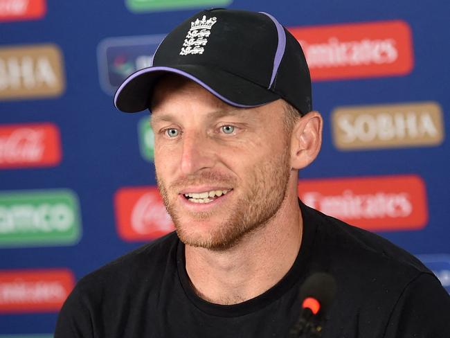 England's captain Jos Buttler addresses a presser at National Stadium in Karachi on February 28, 2025, on the eve of their ICC Champions Trophy one-day international (ODI) cricket match against South Africa. (Photo by Rizwan TABASSUM / AFP)