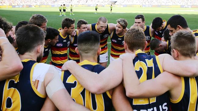 Rory Sloane addresses the Crows ahead of their narrow 10-point loss to West Coast on Sunday. Picture: Will Russell/AFL Photos via Getty Images