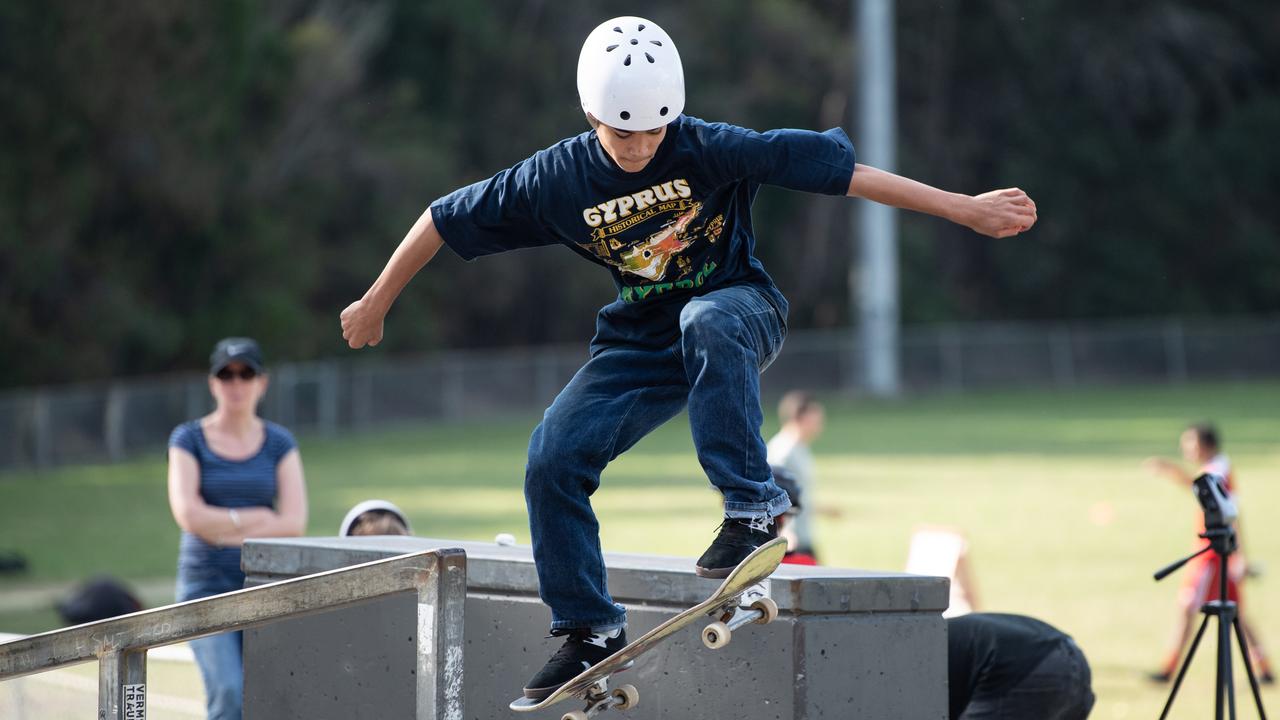 Kai Monaghan pictured competing at Berowra skate park at the skate, scooter and BMX battle royale. (AAP IMAGE / MONIQUE HARMER)