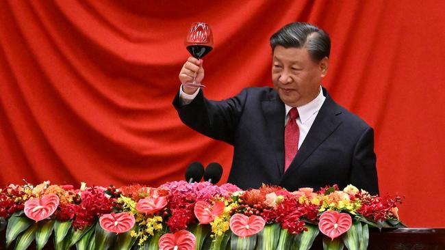 Chinese President Xi Jinping toasts guests during a reception dinner at the Great Hall of the People, ahead of China’s National Day, in Beijing on Thursday. Picture: AFP