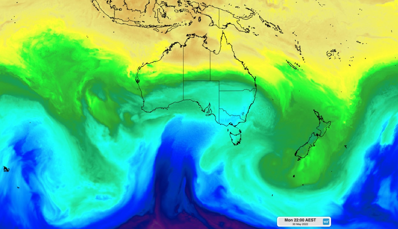 Blue tongue of air makes its way east after linking up with moisture. Picture: European Centre for Medium Range Weather Forecasts