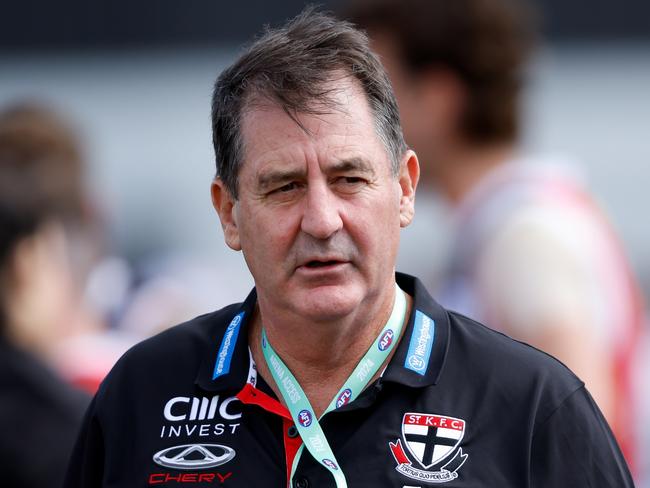 MELBOURNE, AUSTRALIA - MARCH 03: Ross Lyon, Senior Coach of the Saints is seen during the 2024 AFL AAMI Community Series match between the St Kilda Saints and North Melbourne Kangaroos at RSEA Park on March 03, 2024 in Melbourne, Australia. (Photo by Dylan Burns/AFL Photos via Getty Images)