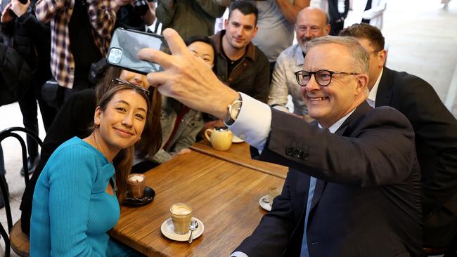 Anthony Albanese takes a selfie with Labor candidate for the seat of Bennelong, Jerome Laxale and local constituents. Picture: Toby Zerna