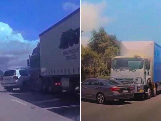 Trucks cleaning up cars on the M1. Picture: Facebook/Dash Cam Owners Australia