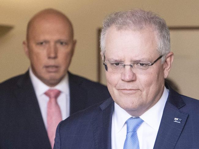 CANBERRA, AUSTRALIA-NCA NewsWire Photos AUGUST 06 2020Prime Minister Scott Morrison with the Home Affairs Minister peter Dutton during a press conference discussing the federal government's new cyber security plans, at Parliament House in Canberra.Picture: NCA NewsWire /Gary Ramage