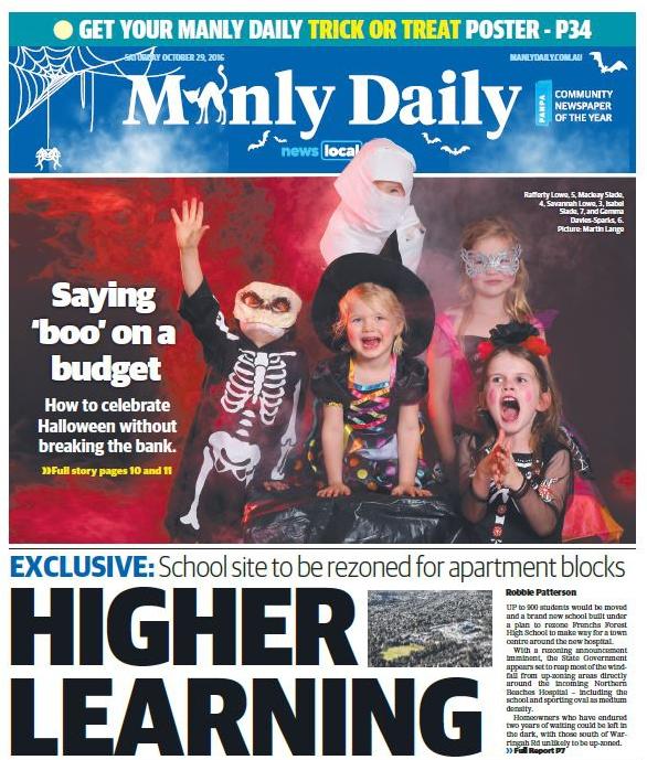 The front page of the <i>Manly Daily </i>with the Frenchs Forest school rezoning story by Robbie Patterson.