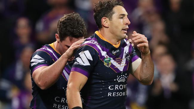 Billy Slater reacts after being penalised for a shoulder charge on Cronulla's Sosaia Feki at AAMI Park. Picture: Brett Costello