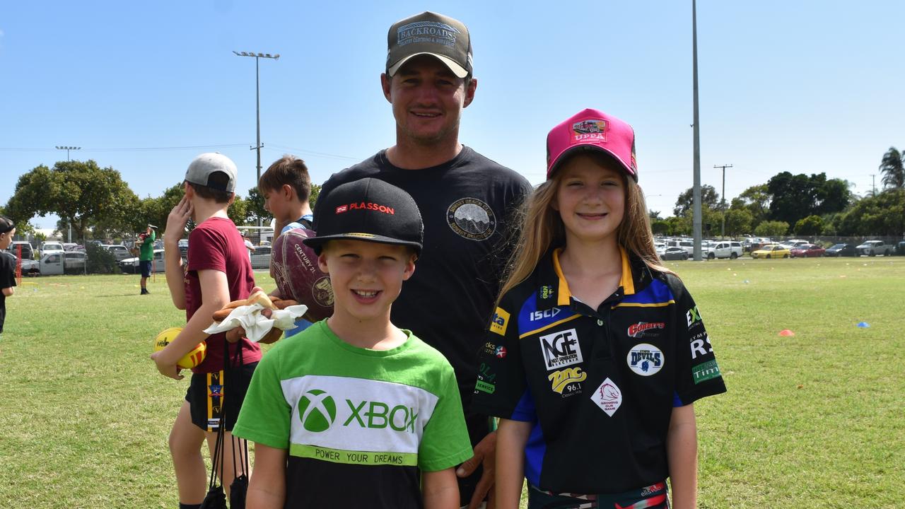 Cooper, Chad and Klara Parker at the Play Something Unreal rugby league clinic in Kawana. Picture: Sam Turner