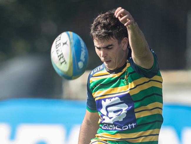 25/04/25. News Local. Sport. Camperdown, Sydney, NSW.Pics by Julian Andrews.Action pictures from the 1st Colts RFU match between Sydney University and Gordon in Camperdown.Picture shows:Uni player:Gordon player: Ben Playford converts the try to add to his points tally with the boot