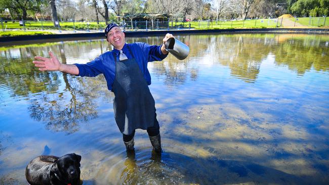 Arnie Rossis when the Rymill Lake — drained for maintenance — was refilled. Picture: Roy Van Der Vegt