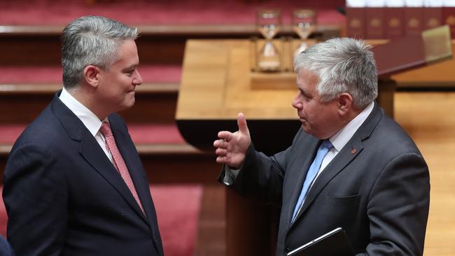 Senator Mathias Cormann talks with Centre Alliance Senator Rex Patrick before the swearing in of The Governor-General, General David Hurley, in Canberra earlier this week. Picture: Kym Smith