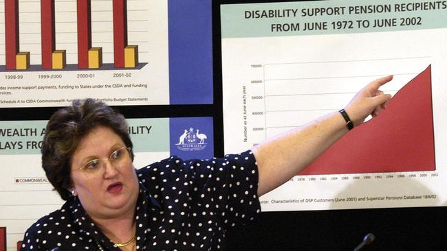 Amanda Vanstone gets power-pointy during a press conference at Parliament House in Canberra in 2002. Picture: AAP/File