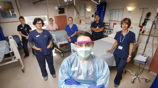 Specialty nursing staff at the Royal Melbourne Hospital's Infectious Disease ward, will be dealing all day with COVID-19 cases. Picture: David Caird