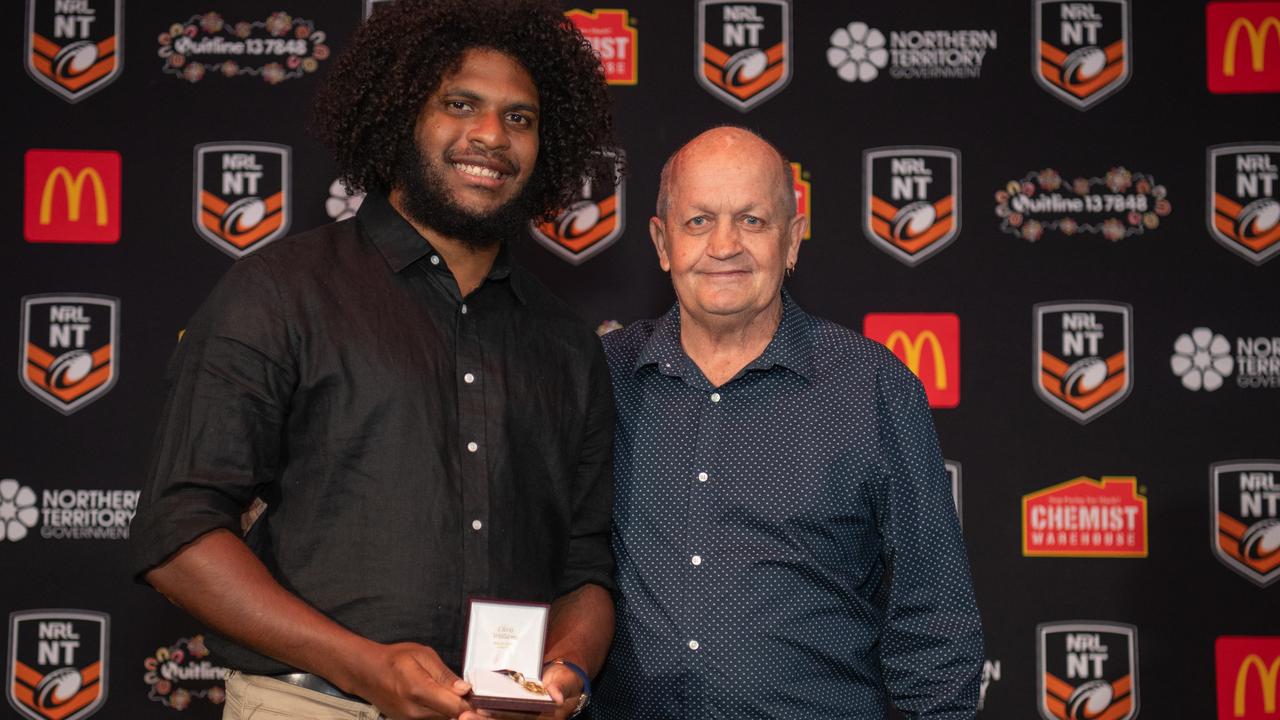 Caleb Niki and John Johnson at the 2023 NRL NT Frank Johnson / Gaynor Maggs medal night. Picture: Pema Tamang Pakhrin