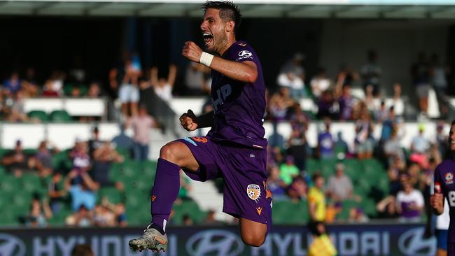 Bruno Fornaroli jumps for joy after scoring in Perth Glory’s rout of Newcastle Jets.