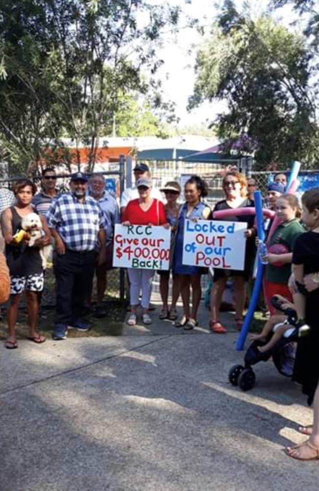 Russell Island residents protest the pool’s limited opening hours in February.