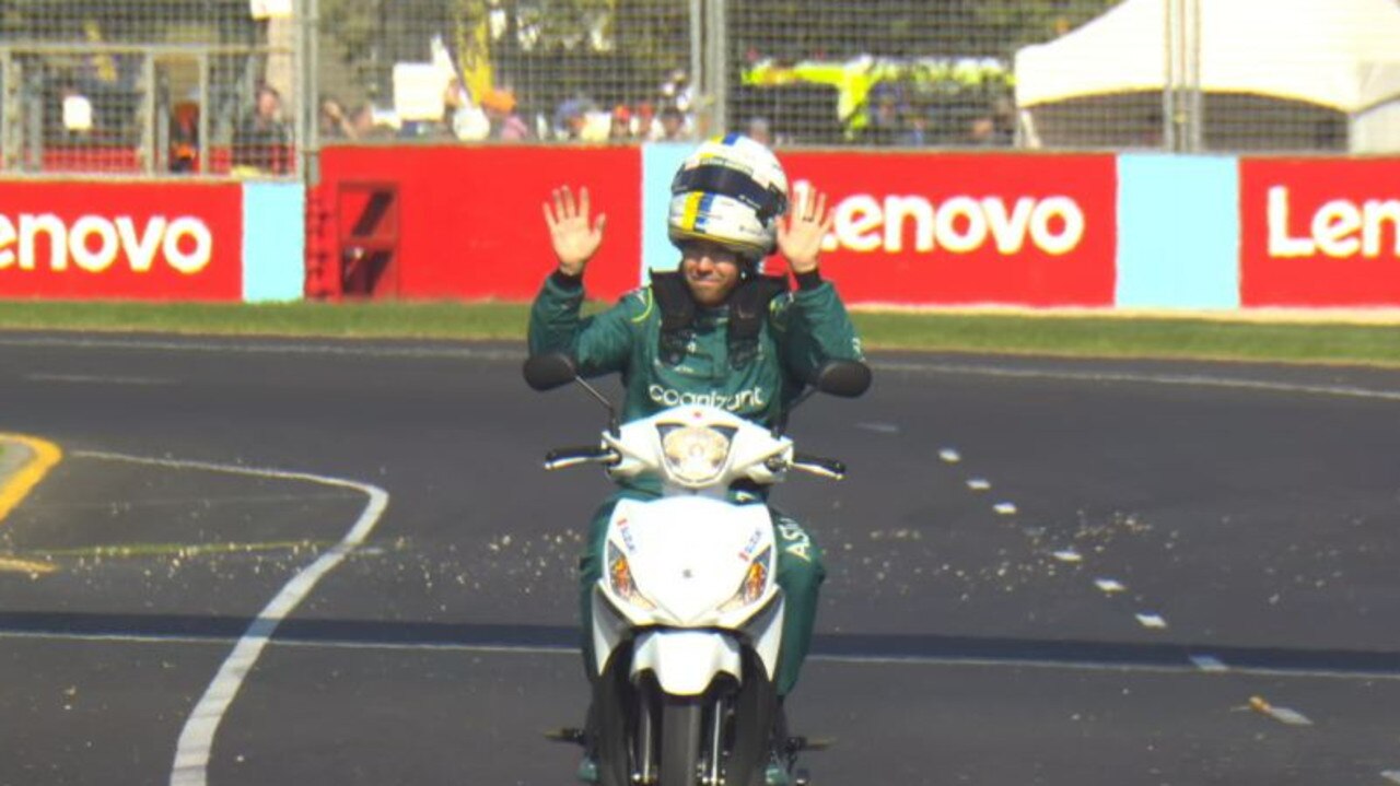 Sebastian Vettel traded four wheels for two during practice. Pic: Fox Sports.