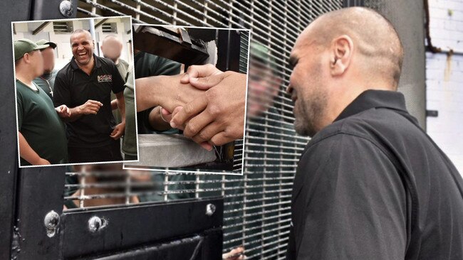 Former boxing and league champ Anthony Mundine visits prisoners at Long Bay jail.