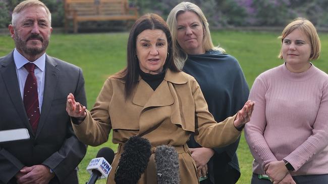 Jacqui Lambie earlier in August with her then-three Tasmanian MPs. Only Andrew Jenner, left, remains, with Rebekah Pentland and Miriam Beswick now sitting as independents.