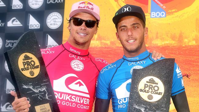 Quiksilver Pro winner Filipe Toledo (blue) and runner up Julian Wilson. Photo: Richard Gosling