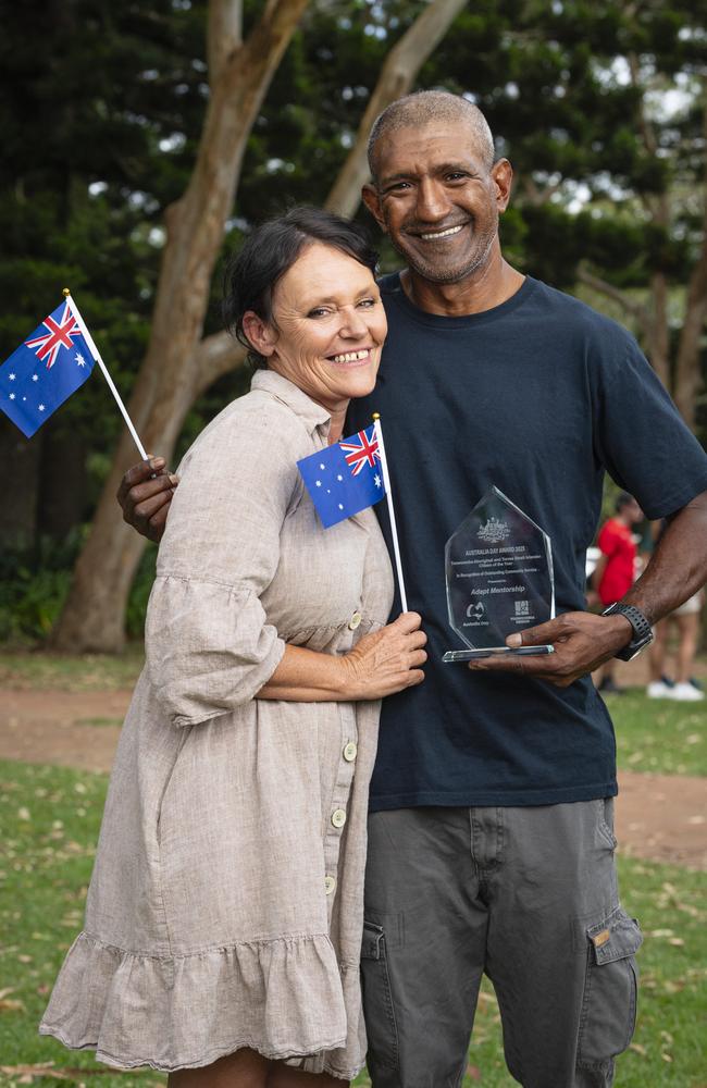 Susy and Adam Wenitong of Adapt Mentorship are named the Toowoomba Aboriginal and Torres Strait Islander Citizen of the Year at Toowoomba Australia Day celebrations at Picnic Point, Sunday, January 26, 2025. Picture: Kevin Farmer