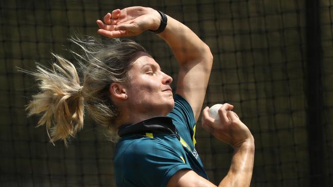 Nicola Carey bowling during a training session ahead of the World Cup.