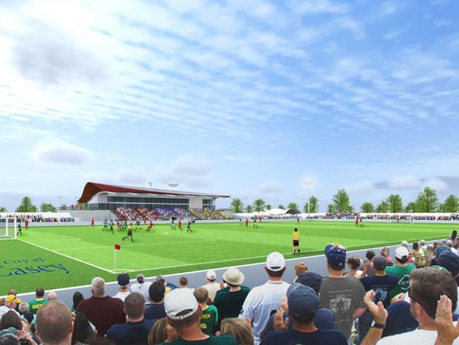 An artist's impression of the proposed elite training facility at Casey Fields if the Team 11 A-League licence is approved.