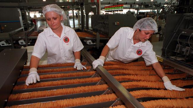 Staff at the Arnott's biscuit factory production line during the crisis in early 1997.