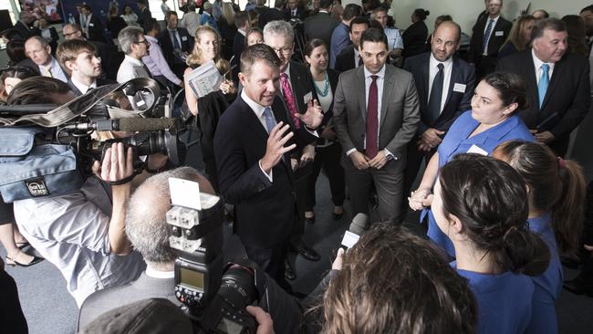 The media scrum at the University of Wollongong’s south western Sydney campus in May.