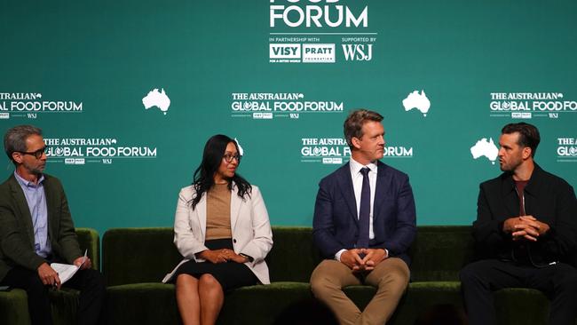 Matt Denholm chats with Farmers for Climate Action chief executive Natalie Collard, Ruminati founder Bobby Miller and Single O chief executive Mike Brabant during the Balancing Productivity with Sustainability forum at The Global Food Forum 2025, Melbourne. on Friday. Picture: Luis Enrique Ascui