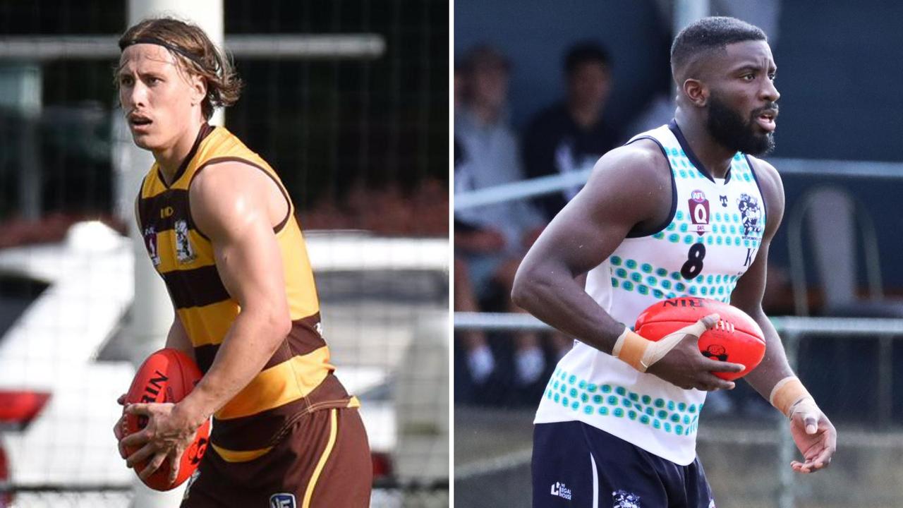 Aspley Hornets player Ryan Banks-Smith and Broadbeach player Kwaby Boakye. Pictures: Highflyer Images and Craig Slaney Sports Photography.