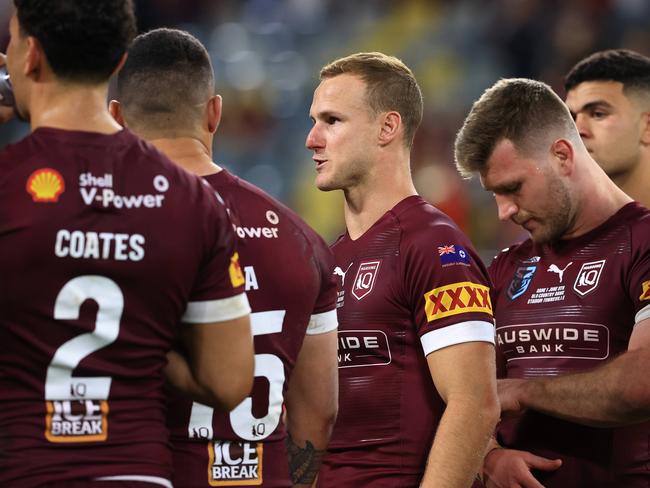 Daly Cherry-Evans talks to hi team after losing Game 1 of the 2021 State of Origin Series between Queensland and NSW at Queensland Country Bank Stadium, in Townsville. Pics Adam Head