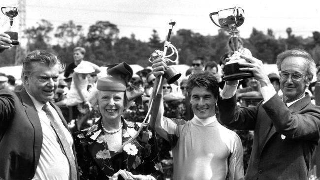 Kingston Rule's trainer Bart Cummings, jockey Darren Beadman and owners Helen and David Hains.