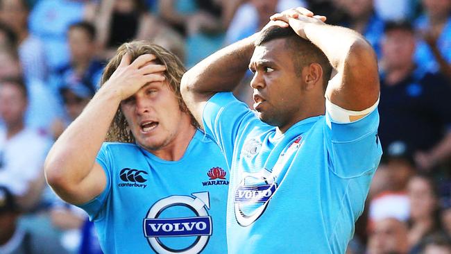 Waratahs stars Michael Hooper and Kurtley Beale react after a Force try.