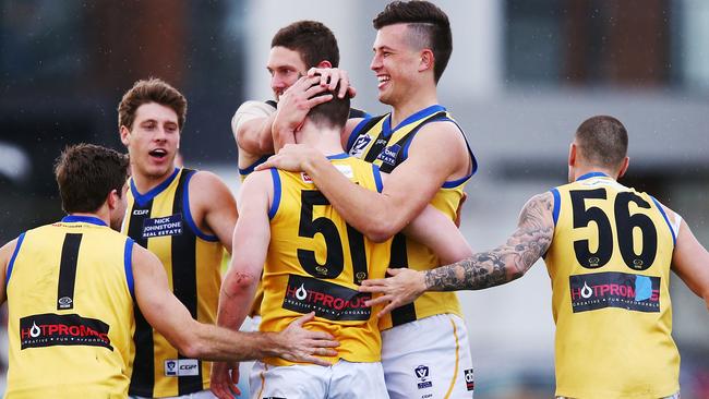 Doulton Langlands celebrates a goal with his Sandringham teammates. Picture: Getty Images.