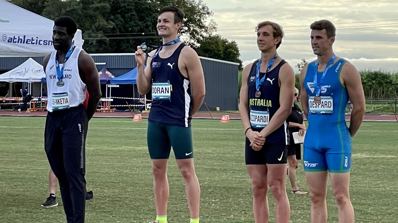 Second place Edward Osei-Nketia, for New Zealand, with a time of 10.23, Townsville's Jake Doran, for Australia, with a new championship record of 10.19, Joshua Azzopardi, for Australia in third place with a 10.27 time and invitational athlete Jacob Despard with a 10.24 time in the senior mens 100m final at the 2022 Oceania Athletics Championships held in Mackay