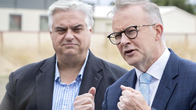 Labor leader Anthony Albanese and Lyons MP Brian Mitchell at Sorell. Picture: Chris Kidd