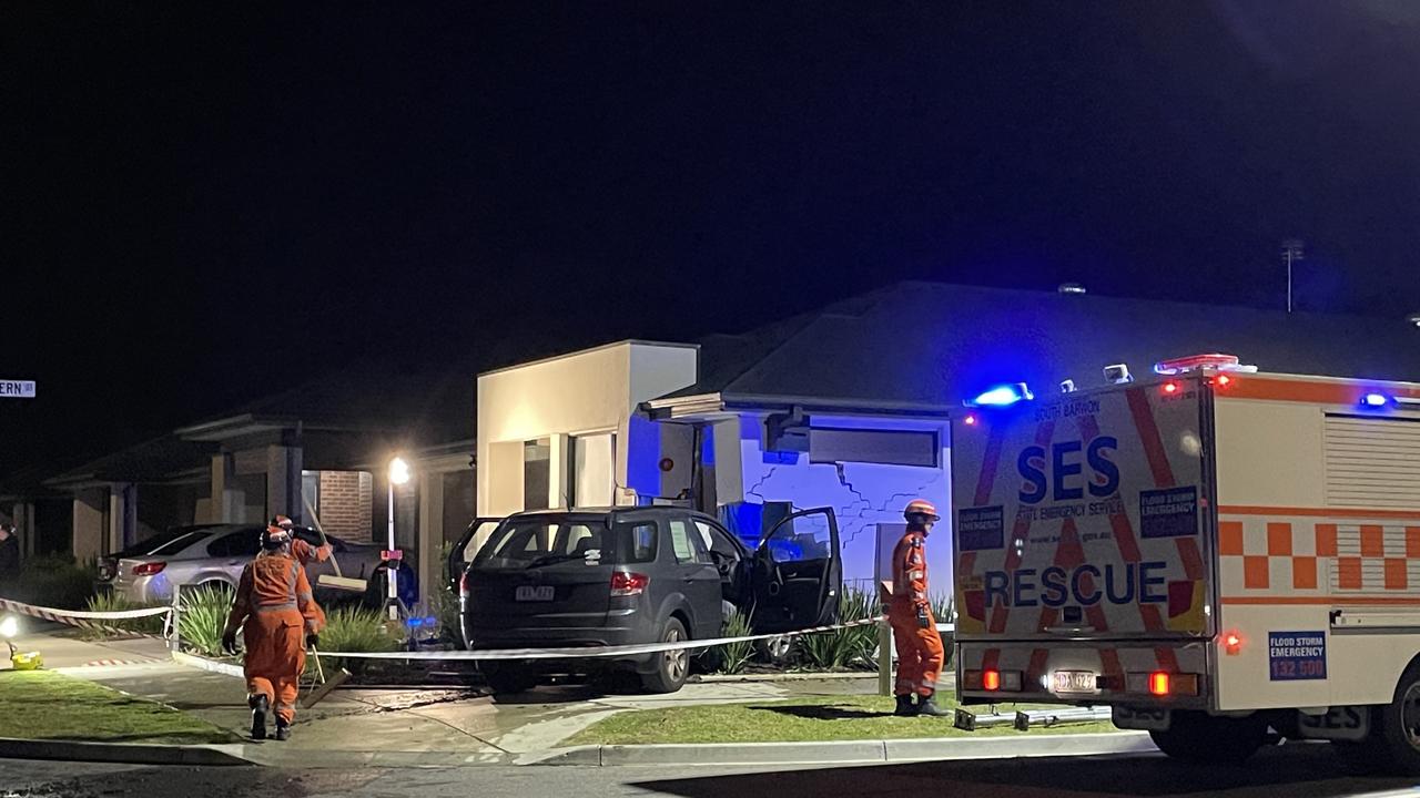 A Ford SUV slammed into a house on the corner of Eaglebay Rd and Shipstern St in Armstrong Creek. Picture: Luke Griffiths.